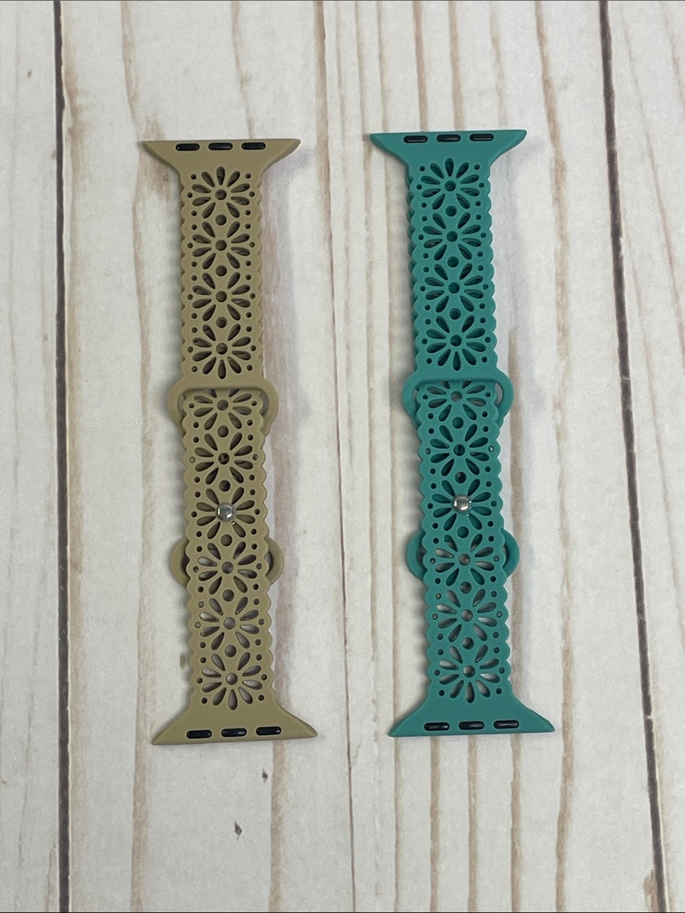 2 Floral Cutout Silicone Slim Apple Watch Bands Green Tan 42/44/45/46/49mm NEW